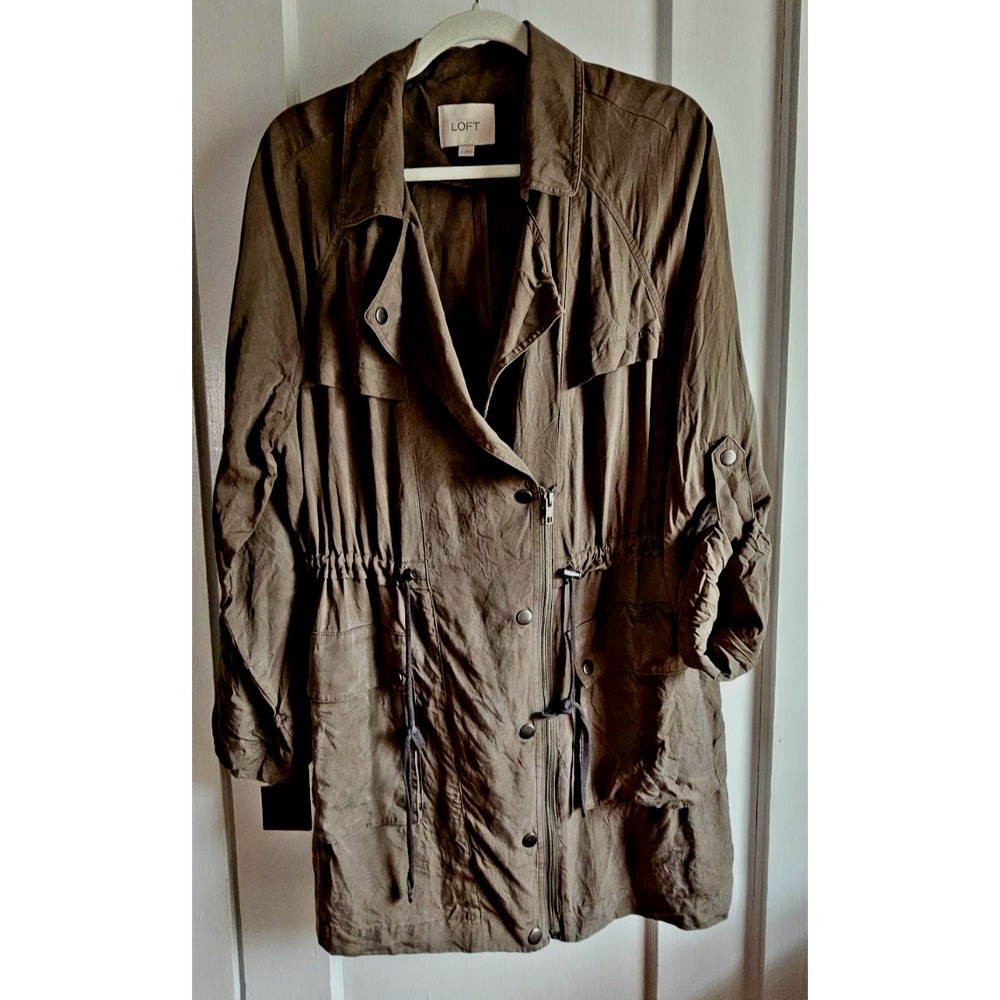 LOFT Relaxed Utility Jacket green roll tab sleeve zip button Lyocell woman Sz L